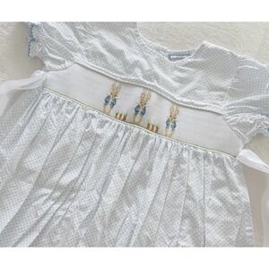 Three‎ Sisters Girls Size 5 Smocked Bunny Dress Blue Polka Dot Easter Ribbon